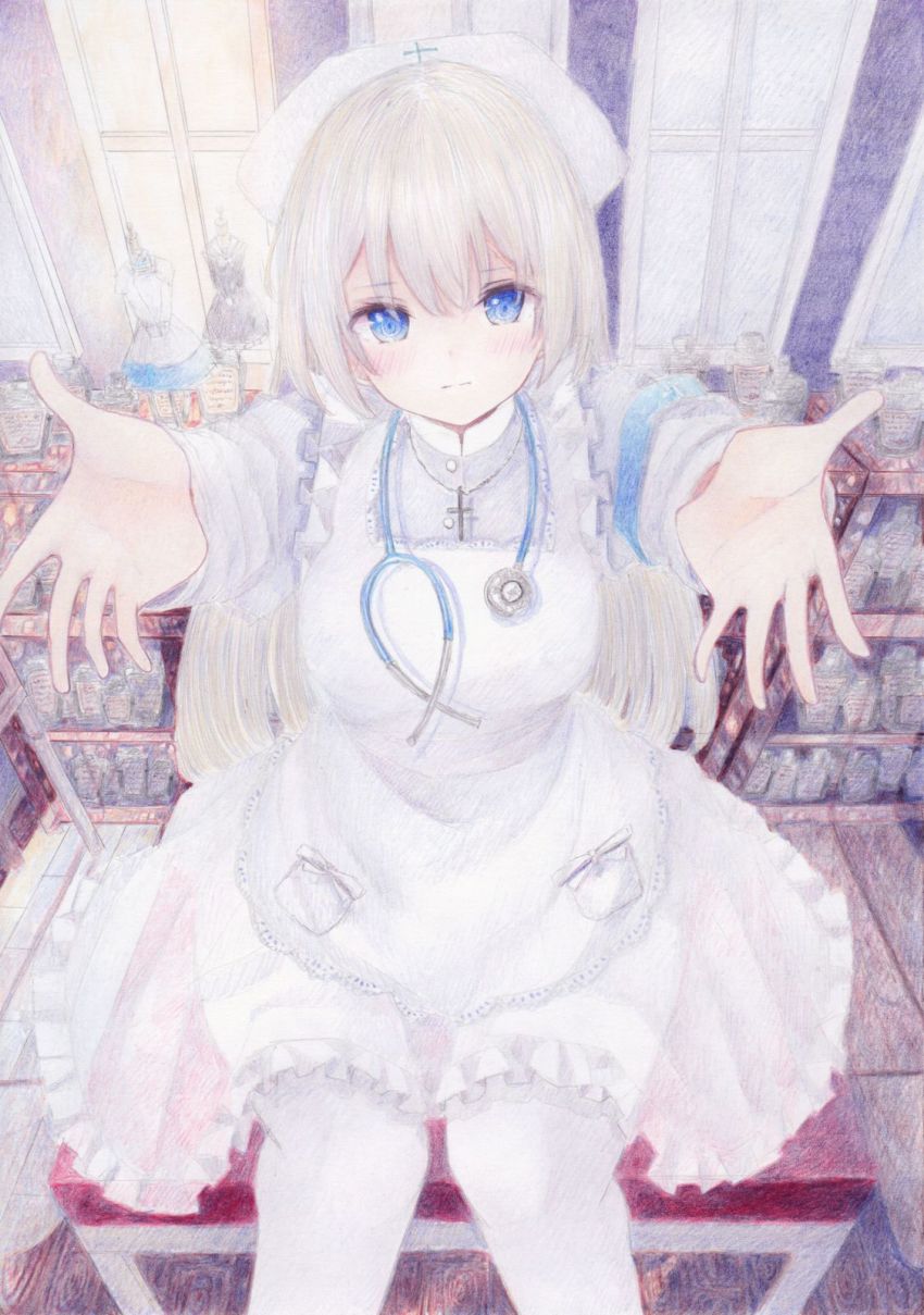 1girl apron armband blue_eyes blush closed_mouth colored_pencil_(medium) darkkanan dress eyes_visible_through_hair hair_between_eyes hat highres long_hair nurse nurse_cap original painting_(medium) pinafore_dress sitting sleeveless_dress solo stethoscope traditional_media watercolor_(medium) white_dress white_hair white_legwear