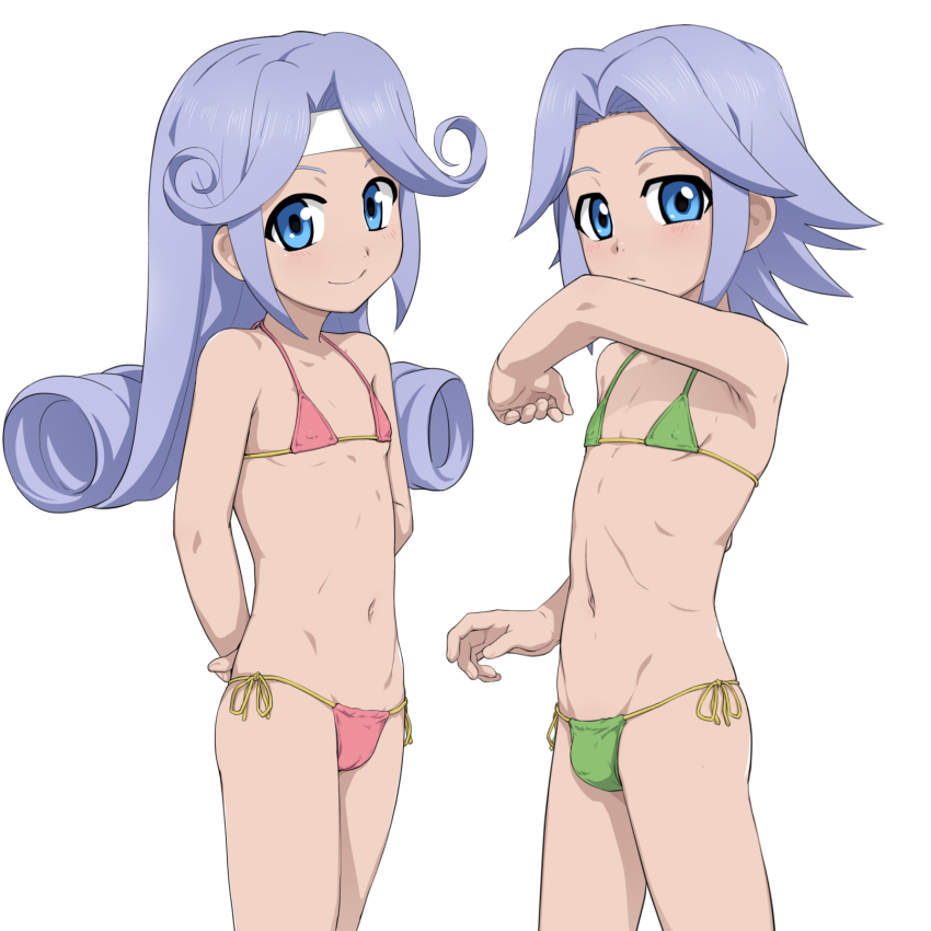 1boy 1girl arms_behind_back bikini blue_eyes blue_hair bulge commentary_request cowboy_shot crossdressing dio_(tales) flat_chest green_bikini highres light_blue_hair long_hair looking_at_viewer mel_(tales) nanina_(nijnan) navel pink_bikini side-tie_bikini_bottom simple_background smile swimsuit tales_of_(series) tales_of_phantasia tales_of_phantasia:_narikiri_dungeon white_background