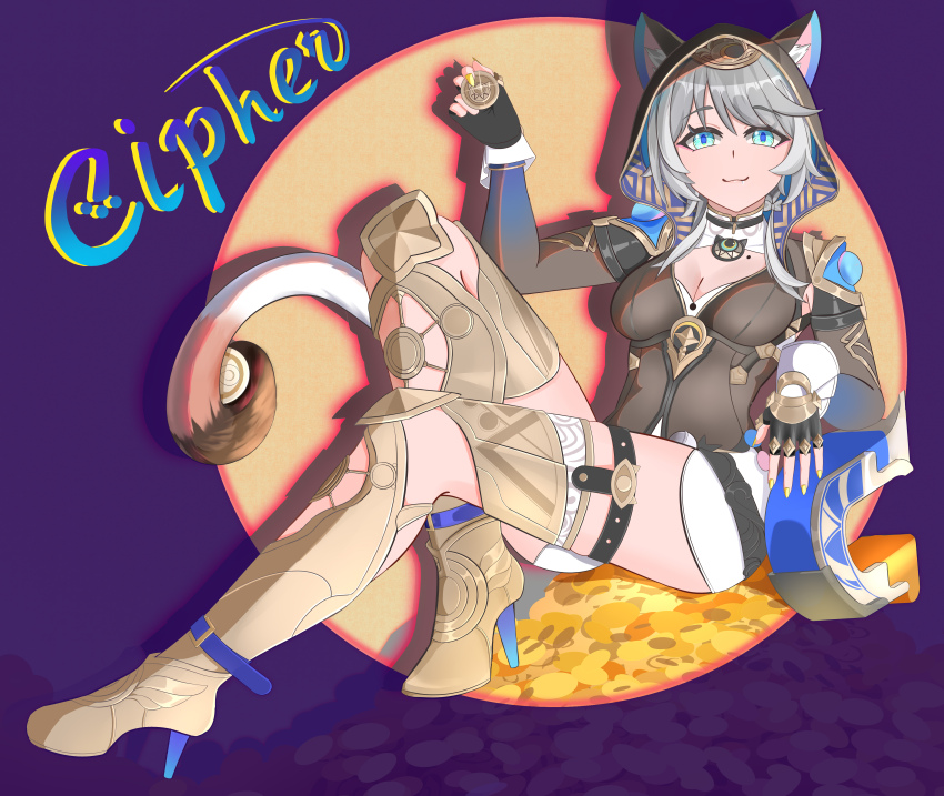 1girl absurdres animal_ear_fluff animal_ears black_gloves black_leotard blue_eyes boots breasts cat_ears cat_girl cat_tail character_name cipher_(honkai:_star_rail) cleavage coin commentary_request fingerless_gloves gloves gold_boots gold_coin grey_hair high_heel_boots high_heels highres holding holding_coin honkai:_star_rail honkai_(series) large_breasts leotard mole mole_on_breast purple_background qianjiaqiuhao short_hair_with_long_locks sitting solo tail thigh_boots thighs treasure