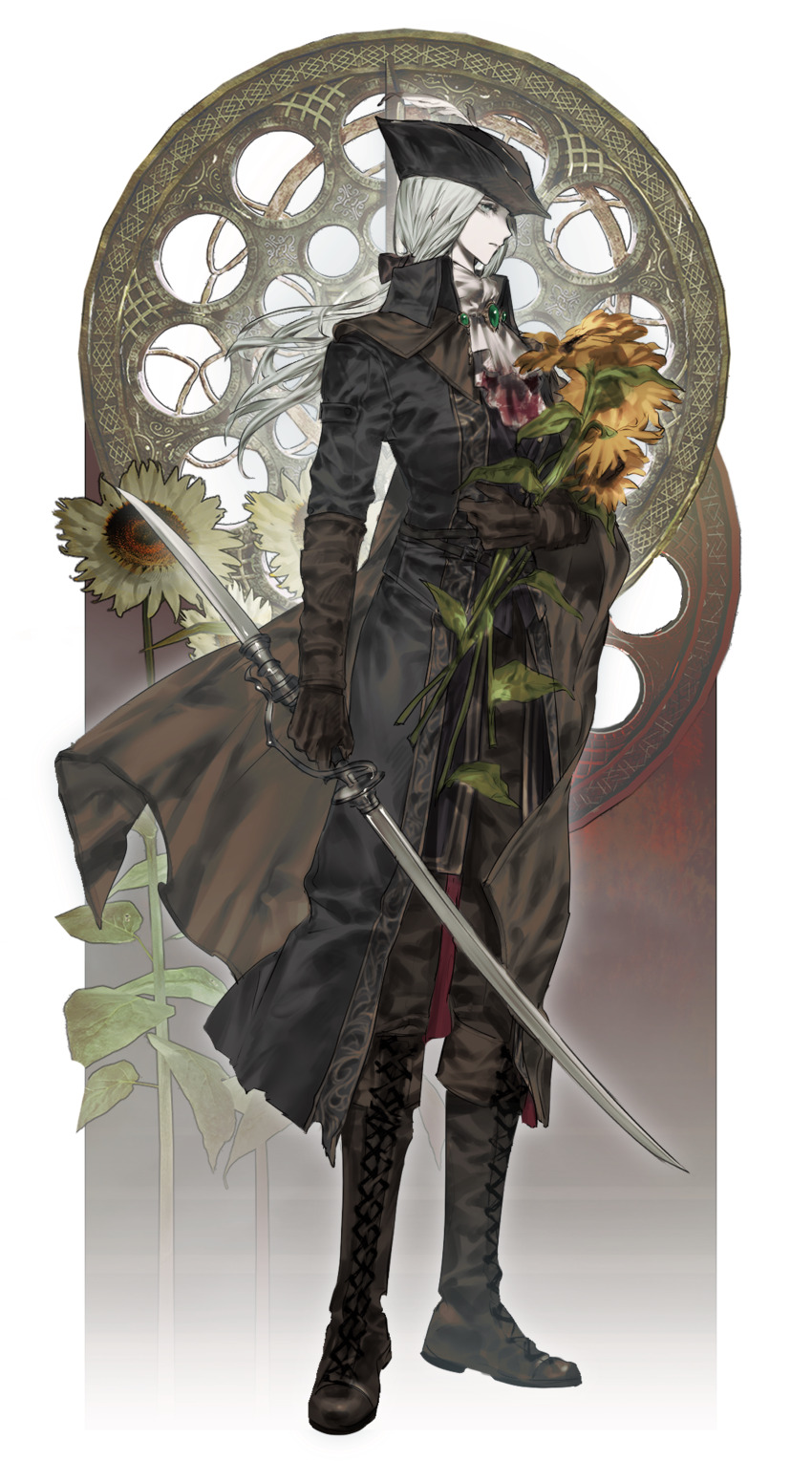 1girl absurdres ascot black_boots black_cloak black_gloves black_hat black_pants blood blood_on_clothes bloodborne boots brooch cloak closed_mouth commentary english_commentary fhillia_lili floating_hair flower full_body gloves grey_hair hat highres holding holding_flower holding_weapon jewelry lady_maria_of_the_astral_clocktower long_hair long_sleeves pale_skin pants ponytail profile solo sunflower weapon white_ascot