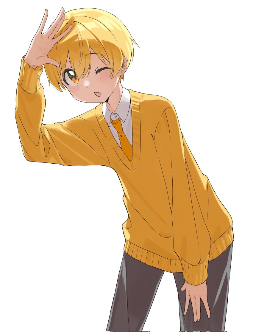 1boy arm_up blonde_hair cowboy_shot grey_pants hair_between_eyes hand_on_own_leg highres kai_(shell) leaning_forward long_sleeves looking_at_viewer male_focus necktie one_eye_closed open_mouth pants root_(stpri) shirt short_hair simple_background solo strawberry_prince white_background yellow_eyes yellow_necktie yellow_shirt