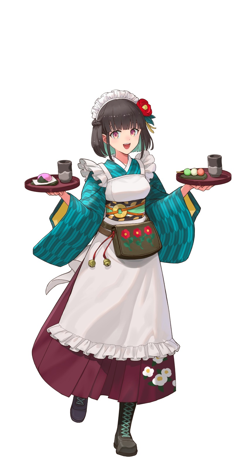 1girl absurdres apron aqua_shirt artist_request black_hair blunt_bangs blunt_ends boots brown_boots flower food frills full_body green_hair hair_flower hair_ornament highres holding holding_food iroha_(rune_factory) long_skirt long_sleeves looking_at_viewer maid_apron maid_headdress multicolored_hair official_art open_mouth red_eyes red_flower red_skirt rune_factory rune_factory:_guardians_of_azuma sash shirt short_hair skirt smile solo transparent_background two-tone_hair w_arms