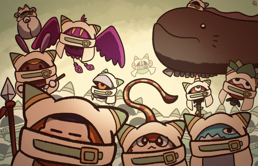 animal_ear_hood animal_ears bandana bandana_waddle_dee belt belt_buckle belt_collar blue_bandana blush_stickers buckle character_request cloak closed_eyes collar colored_skin cosplay covered_mouth doomer_(kirby) dragon ear_covers eel fake_animal_ears flying green_belt highres holding holding_pole hood hood_up hooded_cloak kirby_(series) magolor magolor_(cosplay) nintendo no_humans orange_skin pole polearm red_ribbon ribbon scarf spear sphere_doomer suyasuyabi team_kirby_clash_deluxe thorns weapon white_background white_cloak white_scarf