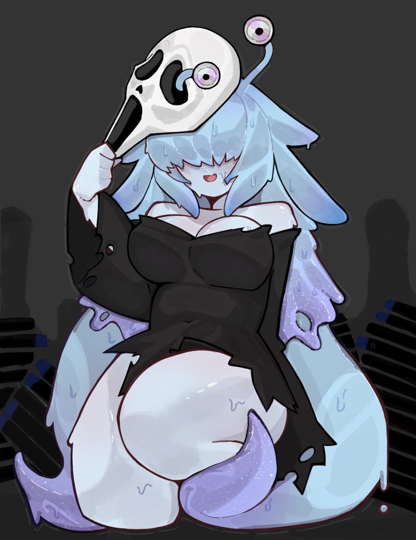 1girl alternate_costume black_background black_shirt blue_hair blue_skin breasts colored_skin dripping ghostface globie highres holding holding_mask large_breasts maretenho mask open_mouth scream_(movie) shirt snail_girl solo squirmimi thick_thighs thighs tongue virtual_youtuber