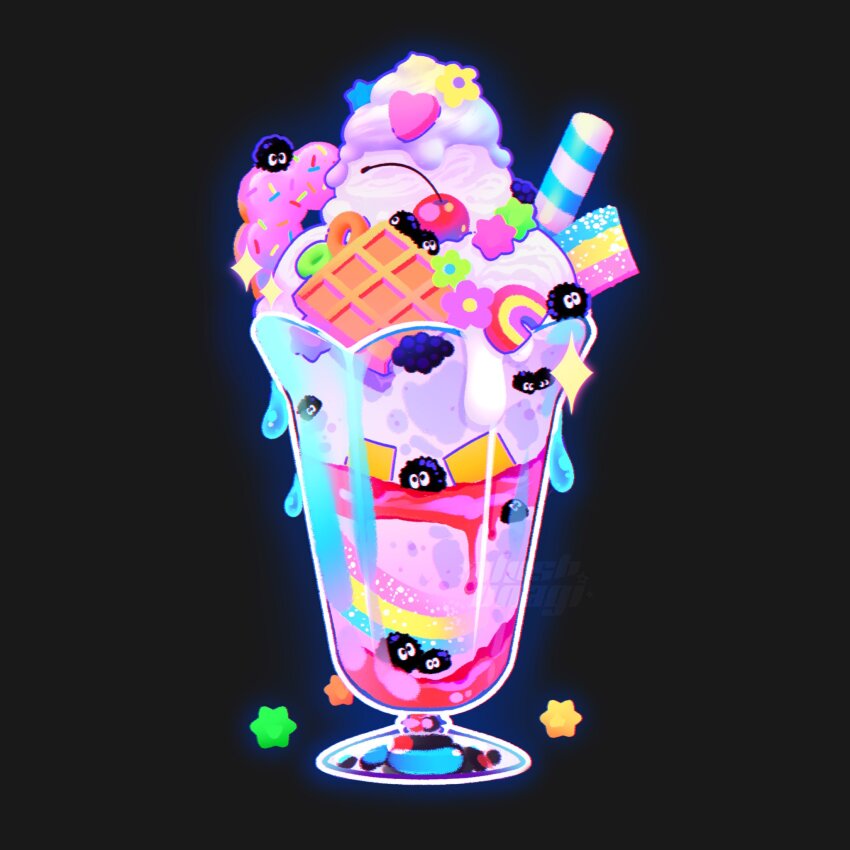 black_background candy cherry colorful commentary cup donut english_commentary food food_focus fruit glowing highres icing konpeitou marshmallow milkshake no_humans parfait plushunagi pon_de_ring pon_de_strawberry sen_to_chihiro_no_kamikakushi simple_background sprinkles strawberry_icing susuwatari waffle whipped_cream