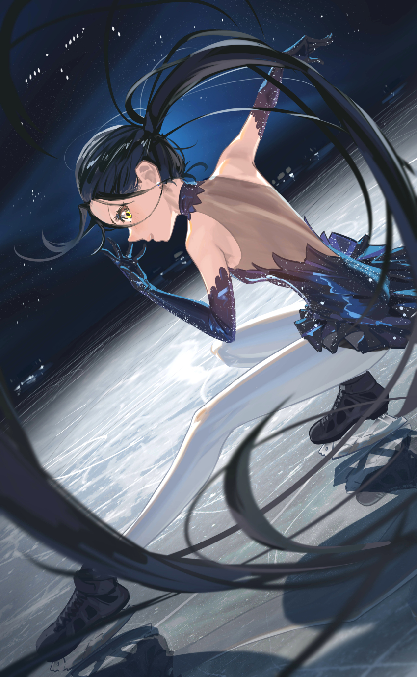 1girl absurdres black_dress black_gloves black_hair da_tengzi dress elbow_gloves figure_skating_dress gloves highres ice_skating kamisaki_hikaru long_hair medalist_(manga) pantyhose ponytail skating skating_rink solo white_pantyhose yellow_eyes