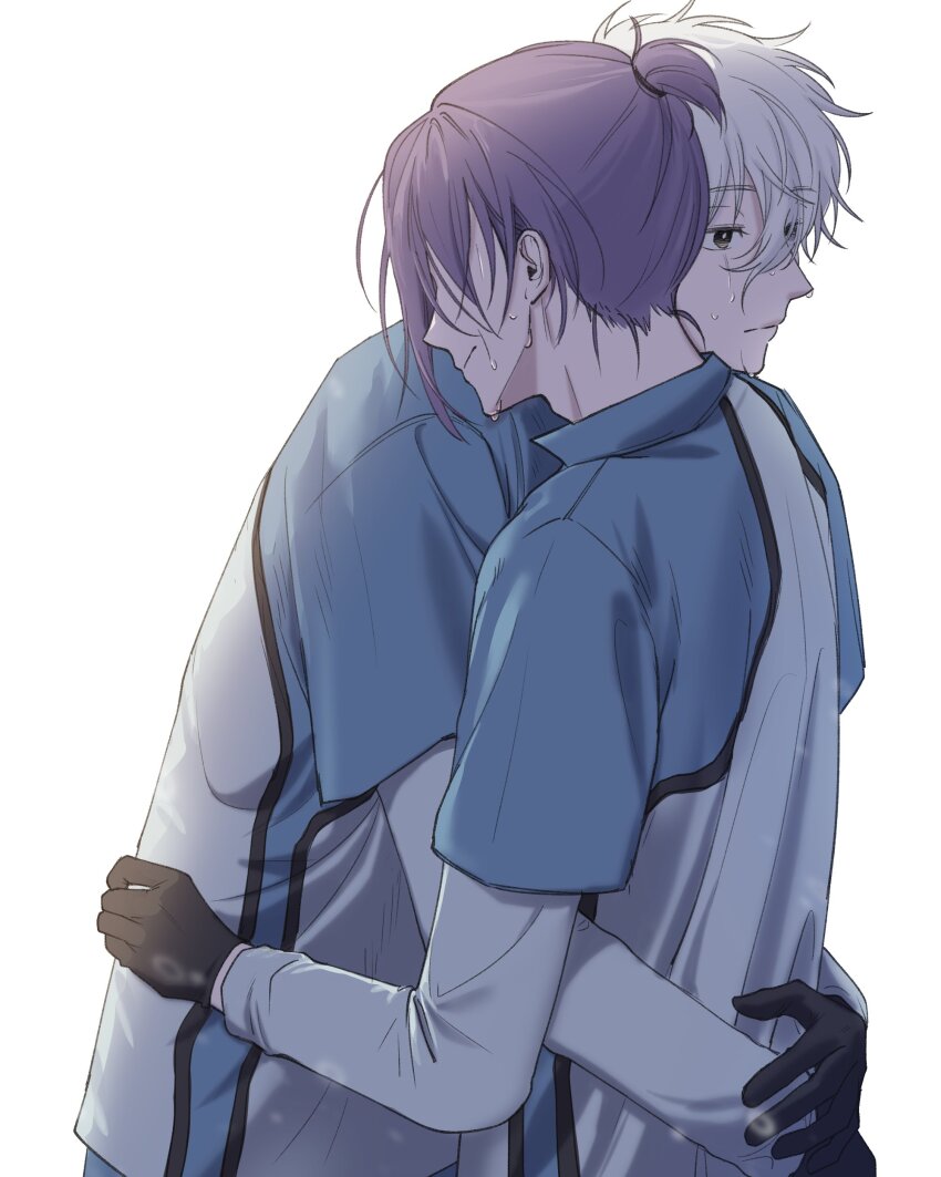 2boys 99reung absurdres black_gloves blue_lock closed_mouth collared_shirt commentary cowboy_shot crying gloves grey_eyes hair_between_eyes highres hug layered_sleeves long_sleeves male_focus mikage_reo multiple_boys mutual_hug nagi_seishirou ponytail popped_collar purple_hair shirt short_hair short_over_long_sleeves short_ponytail short_sleeves simple_background soccer_uniform sportswear tears white_background white_hair yaoi