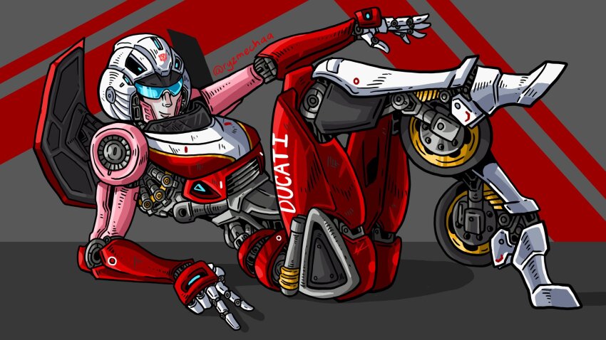 1girl arcee autobot ducati helmet highres humanoid_robot insignia metal_skin pink_lips robot robot_girl roller_skates ryzmechaa science_fiction skates solo transformers transformers:_rise_of_the_beasts transformers_(live_action) wheel