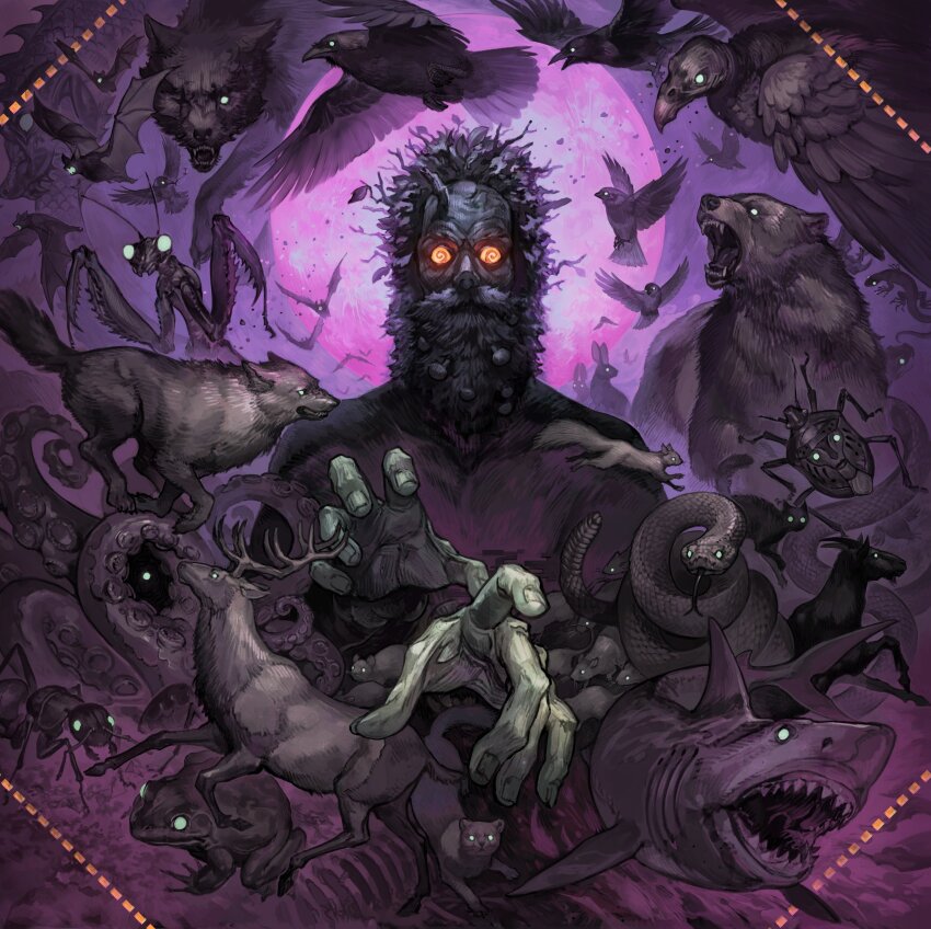 1boy absurdres ant bat_(animal) bear bird bug crow deer frog full_moon gecko glowing glowing_eyes highres inscryption insect leshy_(inscryption) looking_at_viewer male_focus moon nishiki_areku official_art open_mouth ouroboros praying_mantis rabbit shark snake squirrel stinkbug stinkbug_(inscryption) stoat_(inscryption) stunted_wolf_(inscryption) tentacles vulture wolf