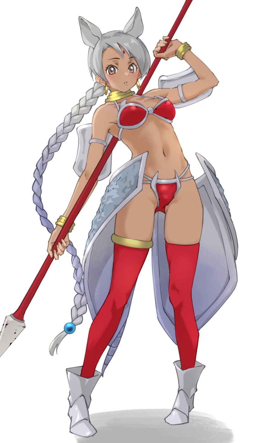 1girl absurdres animal_ears armor bare_shoulders beads bikini_armor boots bracelet breasts commentary earrings extra_ears facial_mark faulds forehead_mark full_body gluteal_fold grey_hair hair_beads hair_ornament highres hoop_earrings indian_rhinoceros_(kemono_friends) jewelry kemono_friends long_braid long_hair looking_at_viewer medium_breasts navel neck_ring pink_eyes polearm red_thighhighs rhinoceros_ears rhinoceros_girl simple_background solo spear stomach swept_bangs tanabe_(fueisei) thighhighs very_long_hair weapon white_background
