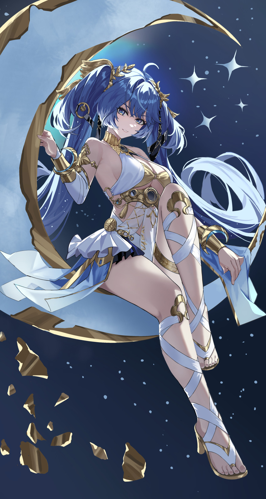 1girl absurdres ahoge ancient_greek_clothes bare_shoulders black_skirt blue_eyes blue_hair breasts commentary full_body gladiator_sandals gold_bra gradient_hair greco-roman_clothes head_wreath highres iuno_(wuthering_waves) jewelry long_hair looking_at_viewer medium_breasts miniskirt multicolored_hair parted_lips sandals showgirl_skirt skirt smile snikonp solo thighlet twintails underboob wuthering_waves