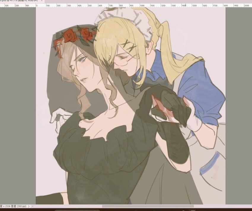2girls apron art_program_in_frame axis_powers_hetalia black_veil blonde_hair breasts brown_hair cleavage closed_eyes dress flower_wreath france_(female)_(hetalia) genderswap genderswap_(mtf) glasses gloves grey_background hair_ornament hairclip holding_hands long_hair maid_headdress multiple_girls purple_eyes simple_background twintails united_kingdom_(female)_(hetalia) updo upper_body veil wafen_juemu yuri