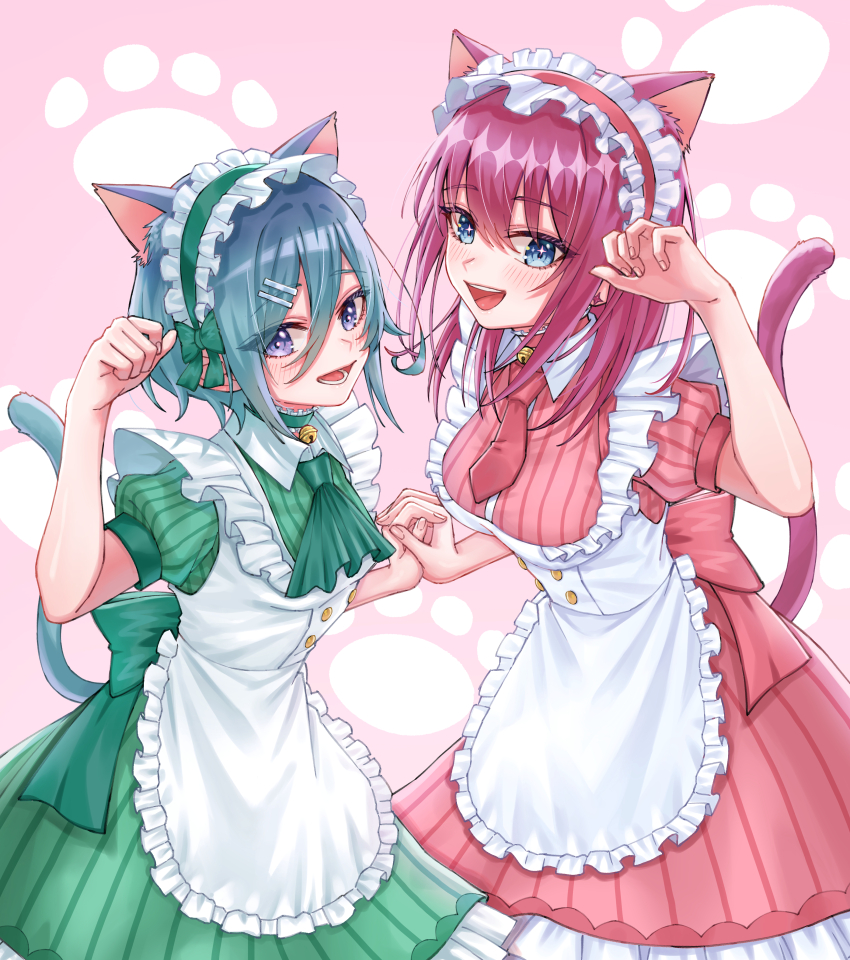 2girls :d absurdres alternate_costume animal_ear_fluff animal_ears apron ascot bell blue_eyes blue_hair breasts cat_ears cat_tail choker commentary earrings english_commentary enmaided eyes_visible_through_hair frilled_apron frilled_choker frilled_hairband frills green_ascot green_choker green_hairband hair_between_eyes hair_ornament hairband hairclip hand_up highres holding_hands interlocked_fingers jewelry jingle_bell jjum_pp kemonomimi_mode kimi_no_koto_ga_dai_dai_dai_dai_daisuki_na_100-nin_no_kanojo long_hair looking_at_viewer maid medium_breasts multiple_girls nakaji_uto neck_bell necktie open_mouth paw_pose paw_print paw_print_background pink_background puffy_short_sleeves puffy_sleeves purple_eyes red_choker red_hair red_hairband red_necktie saiki_himeka short_hair short_necktie short_sleeves simple_background smile sparkle_earrings sparkling_eyes stud_earrings tail white_apron wing_collar