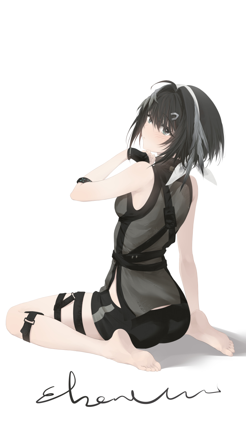 1girl absurdres ahoge arknights ass bare_shoulders barefoot black_gloves black_hair black_shirt black_shorts blush closed_mouth commentary ebonvow english_commentary feet fingerless_gloves from_behind full_body gloves grey_eyes hair_intakes hair_ornament hairclip highres infection_monitor_(arknights) la_pluma_(arknights) looking_at_viewer shirt short_hair short_shorts shorts signature simple_background sitting sleeveless sleeveless_shirt soles solo thigh_strap toes turning_head wariza white_background