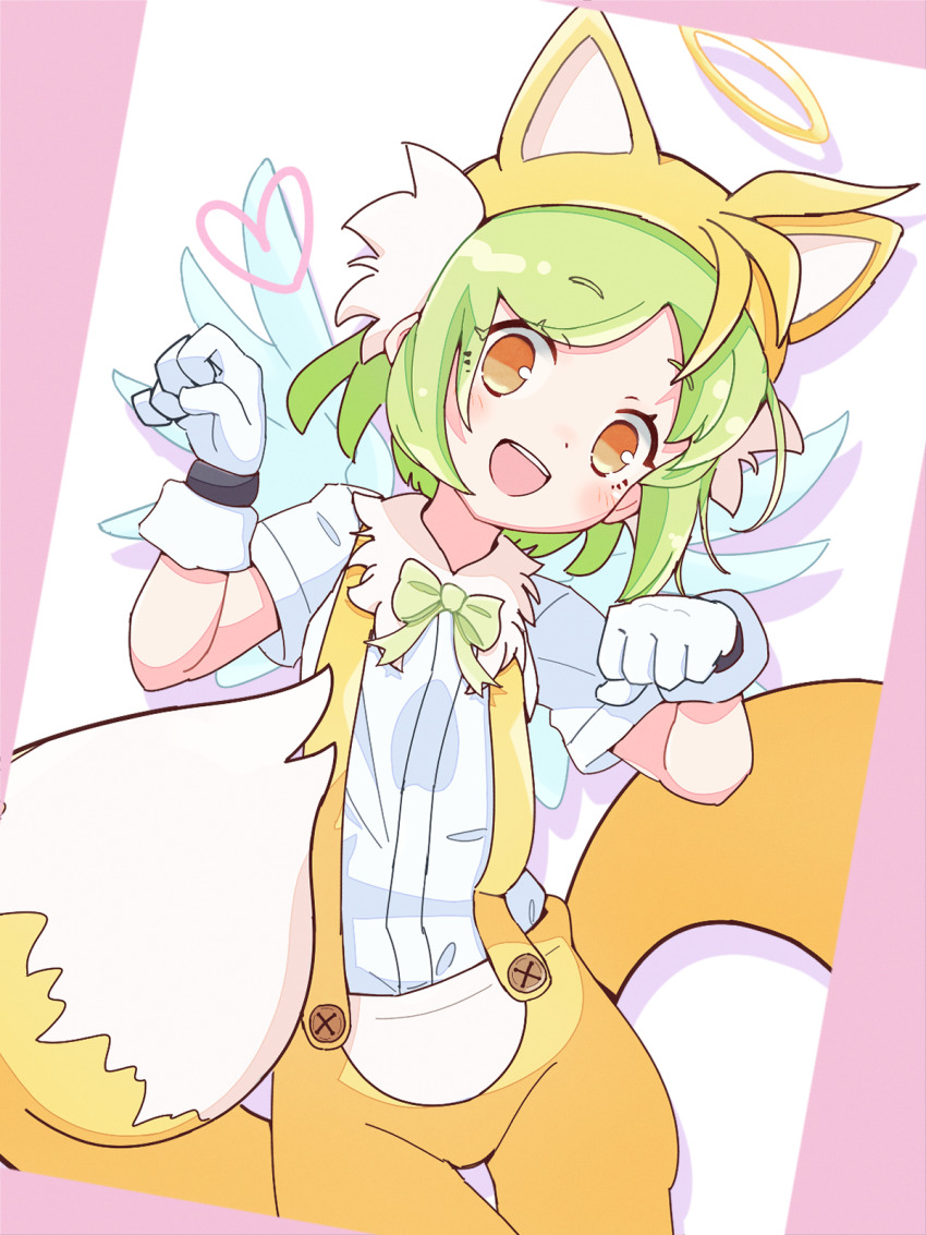 1girl animal_hat blue_wings bow brown_eyes cosplay eyelashes gloves green_bow green_hair halo hat head_tilt heart highres jazz_grace multiple_tails open_mouth paw_pose puyopuyo puyopuyo_quest roco_(puyopuyo) shirt short_hair solo sonic_(series) suspenders tail tails_(sonic) tails_(sonic)_(cosplay) teeth traditional_halo two_tails upper_teeth_only white_gloves white_shirt wings yellow_halo yellow_hat