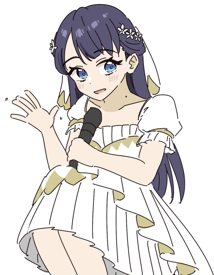 1girl :d \||/ blue_eyes blue_hair blush commentary_request dress feet_out_of_frame flower hair_flower hair_ornament half_updo highres holding holding_microphone itsudemo_itsumademo_(love_live!) link!_like!_love_live! llkapital long_hair looking_at_viewer love_live! microphone mole mole_on_neck murano_sayaka official_alternate_hairstyle open_mouth pleated_dress puffy_short_sleeves puffy_sleeves short_sleeves simple_background smile solo squatting virtual_youtuber waving white_background white_dress white_flower