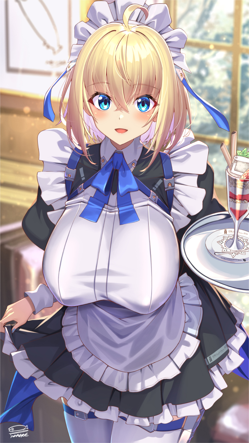 1girl ahoge apron blonde_hair blue_eyes breasts dress food frilled_dress frills hair_between_eyes highres holding holding_tray huge_breasts long_sleeves looking_at_viewer maid maid_apron maid_headdress open_mouth original parfait puffy_long_sleeves puffy_sleeves short_hair solo sophia_f_shirring takamine_nadare thighhighs tray window