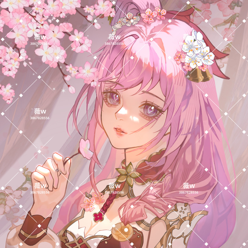 1girl absurdres bell breasts cherry_blossoms chinese_commentary cleavage commentary_request diamond-shaped_pupils diamond_(shape) elysia_(herrscher_of_human:_ego)_(honkai_impact) elysia_(honkai_impact) elysia_(peachy_spring)_(honkai_impact) flower hair_bell hair_flower hair_ornament highres holding holding_flower honkai_(series) honkai_impact_3rd long_hair medium_breasts official_alternate_costume parted_lips pink_hair purple_eyes solo symbol-shaped_pupils upper_body very_long_hair wei_w