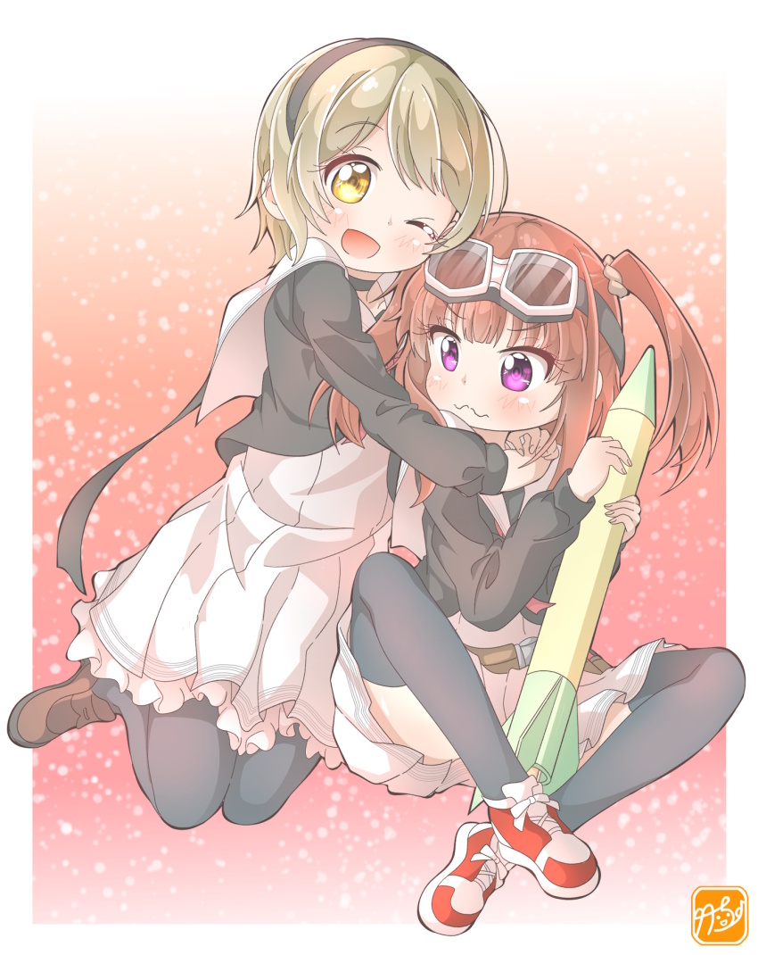 2girls black_choker black_hairband black_thighhighs blonde_hair brown_footwear brown_hair choker cropped_jacket dress fujinomisaki_school_uniform goggles hair_tie hairband highres holding_hands holding_rocket hoshikuzu_telepath hug multiple_girls pantyhose pleated_dress purple_eyes raimon_matataki red_footwear ribbon rocket sailor_collar school_uniform shoes sneakers takaragi_haruno takecho thighhighs white_dress white_sailor_collar yellow_eyes yuri