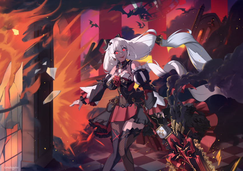 1girl absurdres asymmetrical_legwear bat_(animal) breasts broken_window chainsaw commentary fire glass_shards glowing glowing_eyes hair_ribbon highres holding holding_chainsaw holding_sword holding_weapon honkai_(series) honkai_impact_3rd large_breasts long_hair looking_at_viewer mismatched_legwear onshigou red_eyes ribbon single_leg_pantyhose sword tag theresa_apocalypse theresa_apocalypse_(luna_kindred) theresa_apocalypse_(lunar_vow:_crimson_love) weapon white_hair