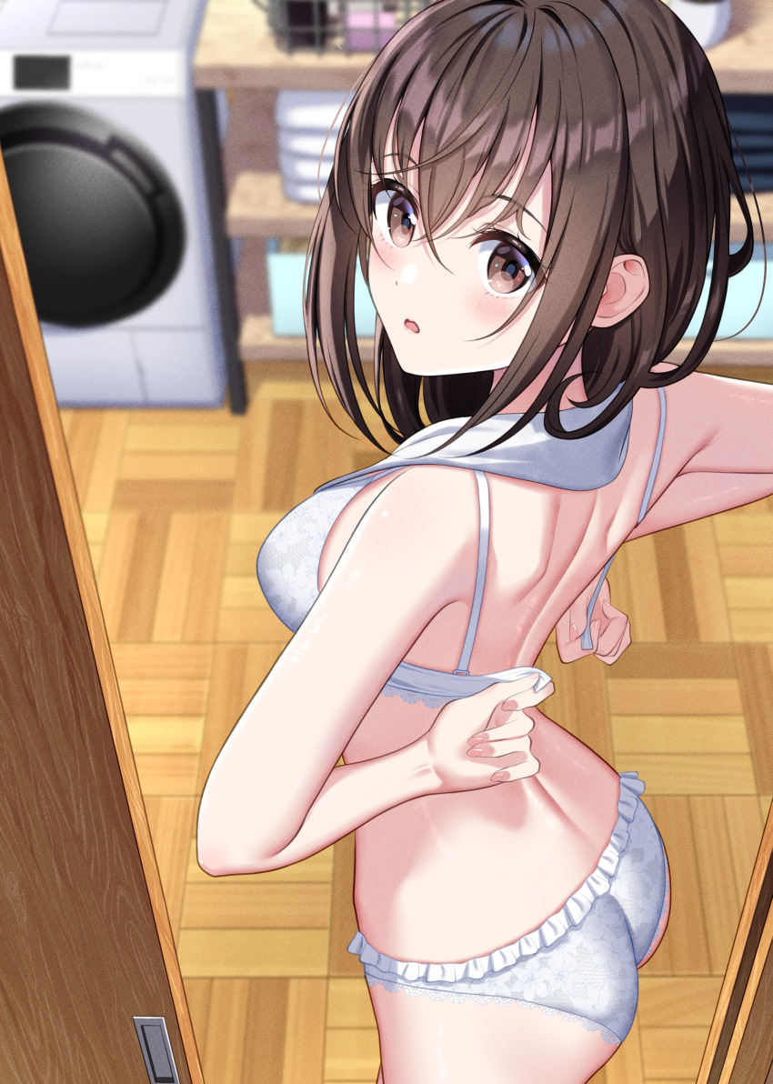 1girl absurdres back bra breasts brown_eyes brown_hair doorway from_behind highres hominotsu indoors long_hair looking_at_viewer looking_back medium_breasts open_bra open_mouth original panties pov pov_doorway underwear washing_machine white_bra white_panties wooden_floor