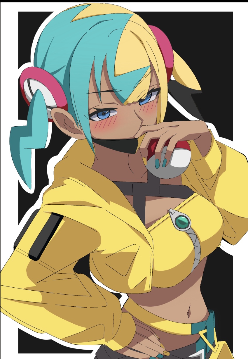 1girl absurdres aqua_hair black_background black_mask blonde_hair blue_eyes blue_nails blush border breasts canari_(pokemon) dark-skinned_female dark_skin hair_ornament hand_on_own_hip highres jacket kareha_(yomogi888) long_sleeves looking_at_viewer mask mouth_mask multicolored_hair navel nintendo pants poke_ball poke_ball_(basic) pokemon pokemon_legends:_z-a short_twintails solo split-color_hair twintails two-tone_hair two-tone_mask v-shaped_eyebrows white_border yellow_jacket yellow_mask yellow_nails zipper zipper_pull_tab