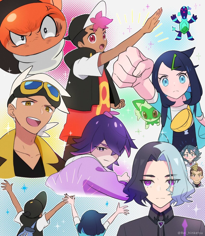 3girls 4boys :d amethio_(pokemon) antenna_hair arm_up arms_up black_hair black_hat black_shirt black_shorts black_vest blue_eyes blue_jacket brown_jacket cardigan closed_mouth commentary_request cowlick dark-skinned_male dark_skin dot_(pokemon) eyelashes friede_(pokemon) frown goggles goggles_on_head hair_ornament hairclip hat highres jacket liko_(pokemon) looking_down multicolored_hair multiple_boys multiple_girls nintendo onia_(pokemon) open_clothes open_mouth open_vest pink_hair pokemon pokemon_(anime) pokemon_horizons purple_cardigan rei_hinketsu roy_(pokemon) shirt short_sleeves shorts smile sprigatito swept_bangs t-shirt tatsugiri teeth terapagos three-quarter_sleeves two-tone_hair upper_teeth_only vest white_hair white_shirt yellow_bag zirc_(pokemon)