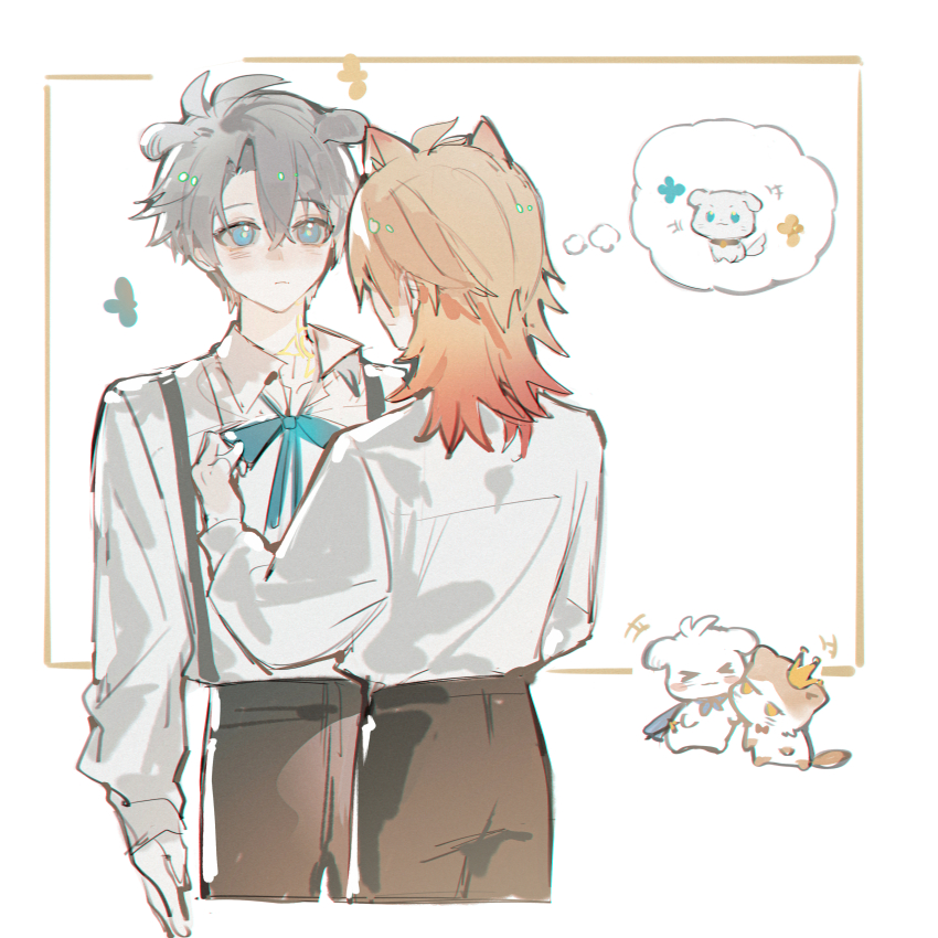 2boys absurdres ahoge alternate_costume animal_ears antenna_hair black_pants blonde_hair blue_eyes blush chibi chinese_commentary collared_shirt commentary_request dog_boy dog_ears gradient_hair highres honkai:_star_rail honkai_(series) iron_hailai long_sleeves looking_at_another male_focus medium_hair multicolored_hair multiple_boys mydei_(honkai:_star_rail) neck_tattoo pants parted_bangs phainon_(honkai:_star_rail) red_hair shirt short_hair spoken_animal sun_symbol sun_tattoo suspenders tan tattoo white_hair white_shirt