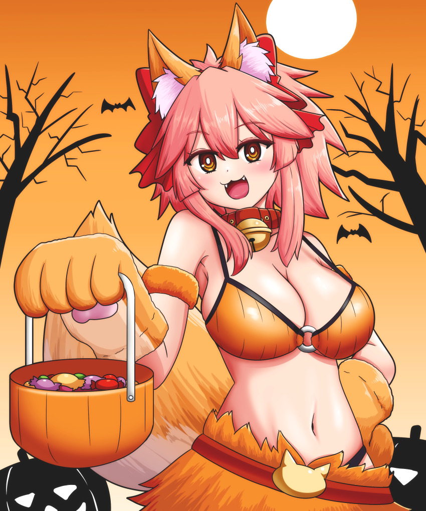 1girl absurdres animal_ear_fluff animal_ears animal_hands bat_(animal) bell blush breasts cat_paws cleavage collar fang fate/grand_order fate_(series) fox_ears fox_girl fox_tail gloves gradient_background hair_ribbon halloween halloween_costume highres jingle_bell keita_naruzawa large_breasts long_hair looking_at_viewer neck_bell open_mouth paw_gloves pink_hair ponytail pumpkin red_ribbon ribbon solo tail tamamo_(fate) tamamo_cat_(fate) yellow_eyes