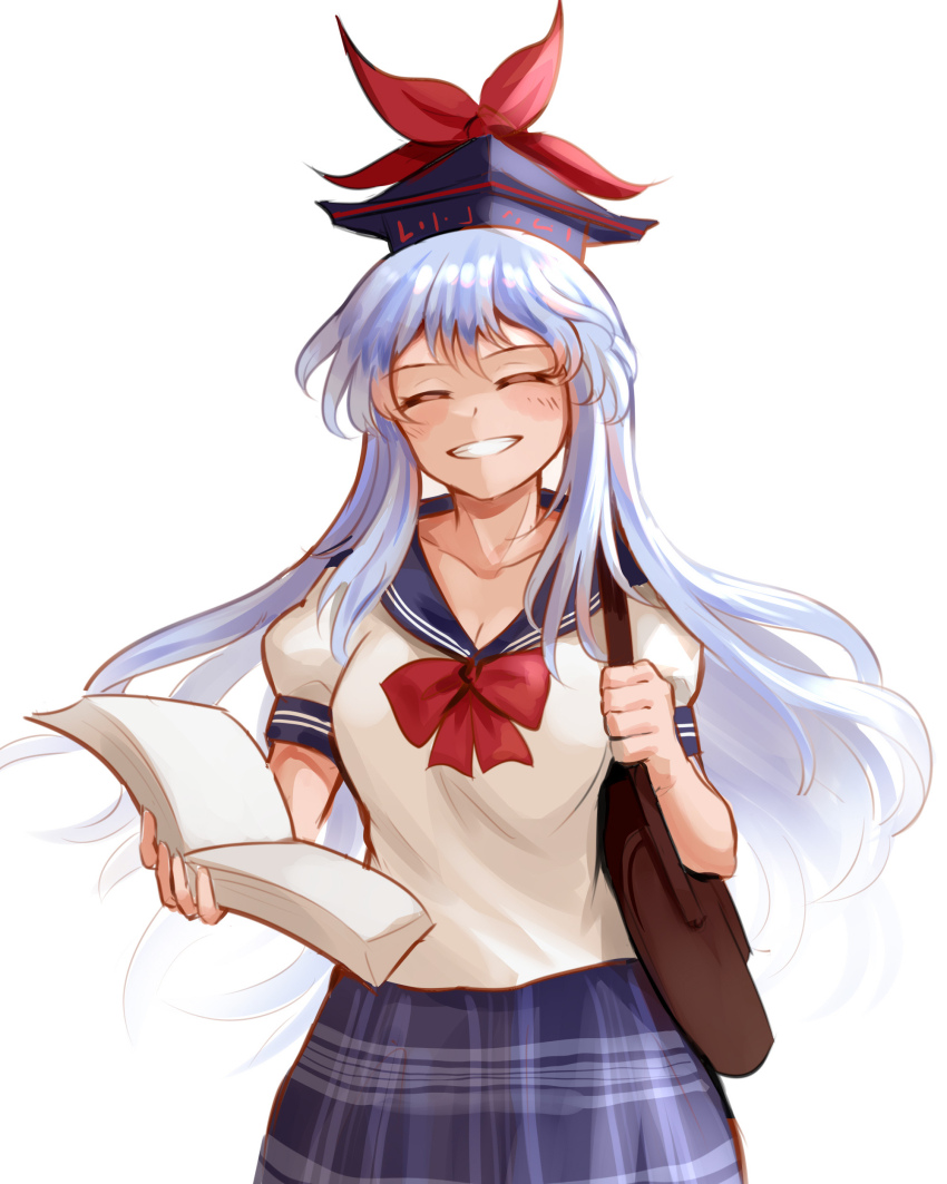 1girl absurdres bag blue_hair closed_eyes edz_drawz hand_on_book highres kamishirasawa_keine long_hair school_uniform serafuku shoulder_bag simple_background smile touhou