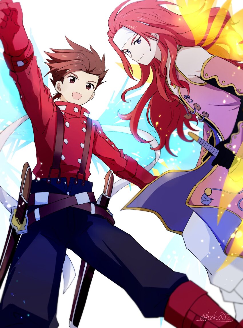 belt black_pants black_tank_top blue_eyes boots brown_eyes brown_hair elbow_gloves gloves headband highres holding holding_sword holding_weapon hzk882 jacket lloyd_irving long_sleeves looking_at_viewer multiple_belts pants pink_jacket red_boots red_hair red_shirt shirt simple_background suspenders sword tales_of_(series) tales_of_symphonia tank_top weapon white_background white_boots white_headband white_pants wings zelos_wilder