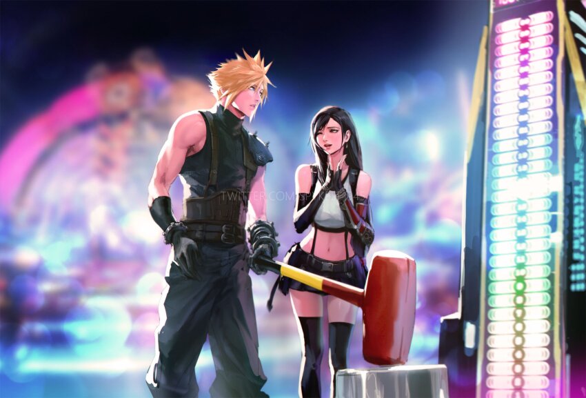 1boy 1girl amusement_park armor black_hair blonde_hair blue_eyes breasts cloud_strife crop_top final_fantasy final_fantasy_vii final_fantasy_vii_rebirth final_fantasy_vii_remake fingerless_gloves gloves hammer highres holding holding_hammer jewelry long_hair navel red_eyes short_hair shoulder_armor skirt sleeveless sleeveless_turtleneck spiked_hair spykeee strength_tester_machine suspenders tifa_lockhart turtleneck