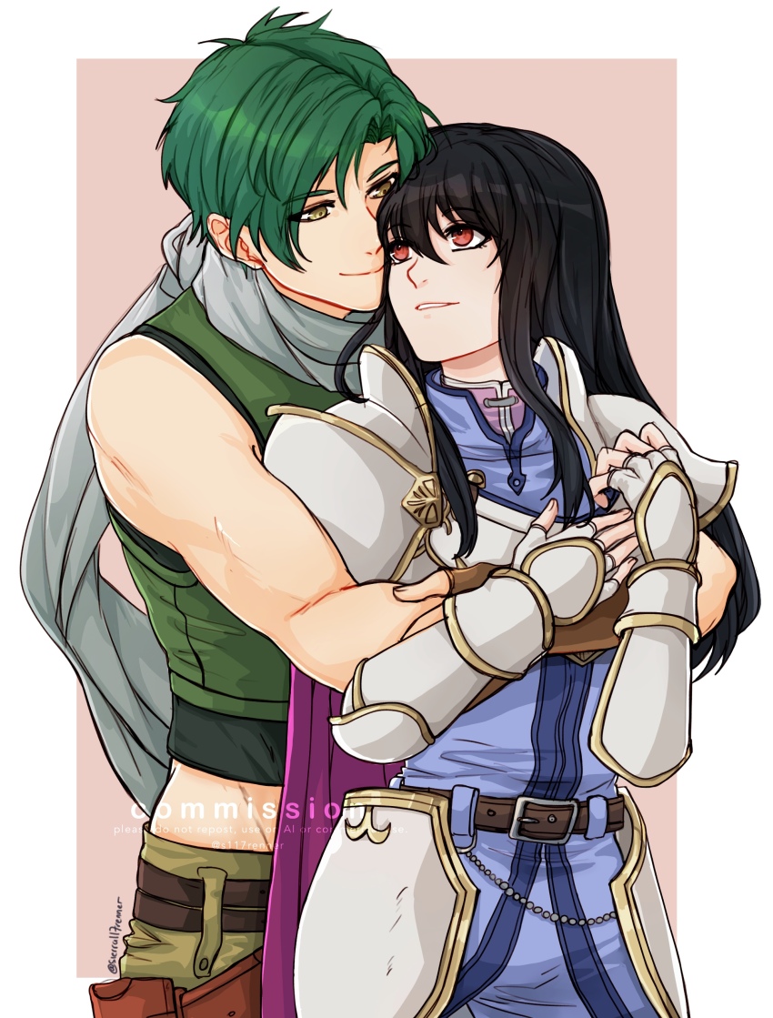 1boy 1girl absurdres armor astrid_(fire_emblem) black_hair breastplate brown_pants commission commissioner_upload couple fire_emblem fire_emblem:_radiant_dawn green_hair green_vest hetero highres hug hug_from_behind long_hair looking_at_another looking_back nintendo non-web_source pants pauldrons shoulder_armor sierra117renner sleeveless sleeveless_vest smile sothe_(fire_emblem) upper_body vest vgen_commission yellow_eyes