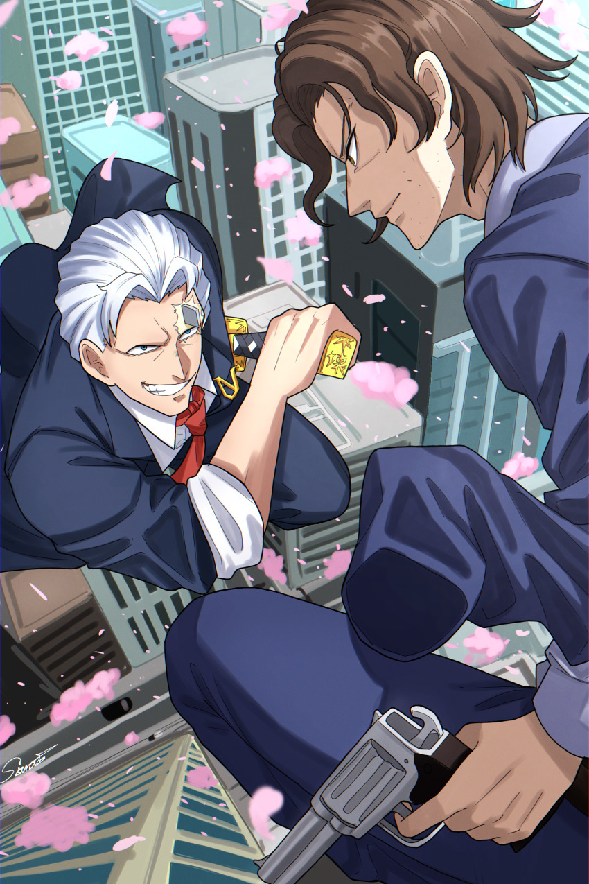 2boys absurdres andy_(undead_unluck) artist_name billy_alfred blue_eyes brown_eyes brown_hair building cherry_blossoms city day eye_contact facial_hair formal_clothes grey_hair grin gun highres holding holding_gun holding_weapon katana looking_at_another male_focus multiple_boys necktie outdoors red_necktie scar scar_on_face scar_on_forehead shishiruto skyscraper smile stubble suit sword undead_unluck weapon