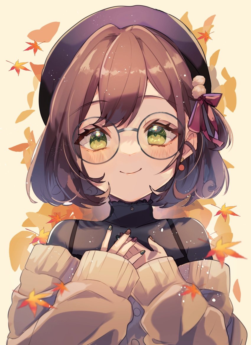 1girl :&gt; autumn autumn_leaves beret black_hat black_nails black_shirt blush bob_cut brown_hair brown_nails brown_sweater commentary_request glasses green_eyes hands_on_own_chest hat hat_ribbon highres leaf looking_at_viewer multicolored_nails nail_polish off-shoulder_sweater off_shoulder original red_ribbon ribbon shirano_akihiro shirt simple_background smile solo sweater upper_body yellow_background