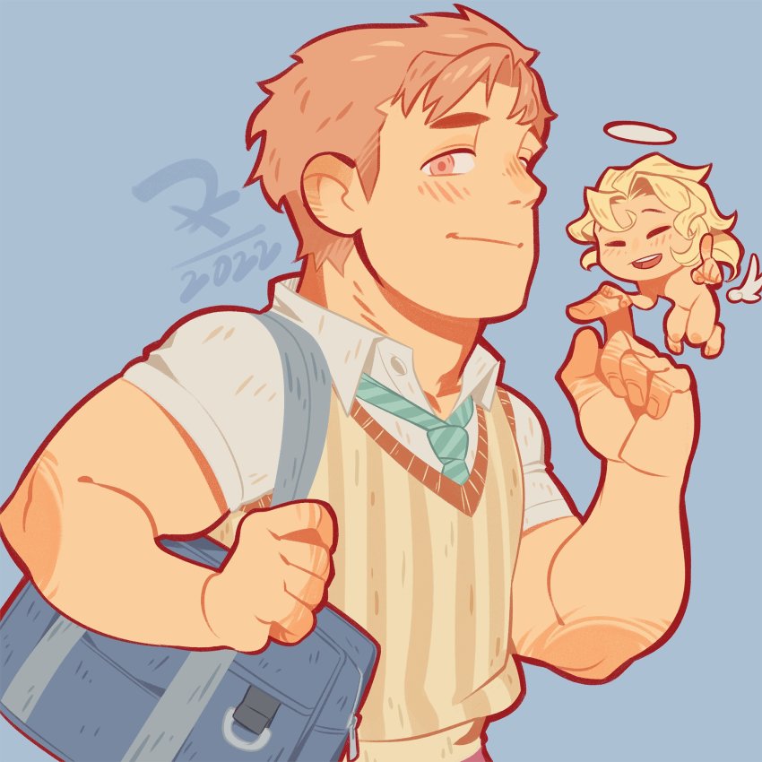 2022 2boys all_saints_street_(style) bag blonde_hair blue_background blue_bag blush cherub closed_eyes commentary cupid_(housamo) diagonal-striped_clothes diagonal-striped_necktie dk_(den_ai_d) feathered_wings film_grain green_necktie halo highres holding holding_bag light_smile male_focus multiple_boys muscular muscular_male necktie pink_eyes pointing pointing_at_viewer shirt short_hair sideburns signature simple_background smile striped_clothes teeth tennouji_shin&#039;ya tokyo_houkago_summoners upper_body upper_teeth_only white_shirt wings