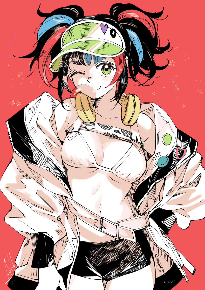 1girl absurdres ateka badge bare_shoulders belt_buckle bikini black_hair black_shorts blowing_bubble_gum blowing_bubbles blue_hair breasts buckle button_badge chewing_gum closed_mouth cowboy_shot fate/grand_order fate_(series) green_eyes headphones headphones_around_neck highres jacket long_sleeves looking_at_viewer multicolored_hair off_shoulder one_eye_closed open_clothes open_jacket pale_skin puffy_long_sleeves puffy_sleeves red_background red_hair sei_shounagon_(fate) sei_shounagon_(swimsuit_berserker)_(first_ascension)_(fate) short_hair short_shorts short_twintails shorts signature simple_background smile solo star_(symbol) streaked_hair swimsuit twintails visor_cap white_bikini white_jacket