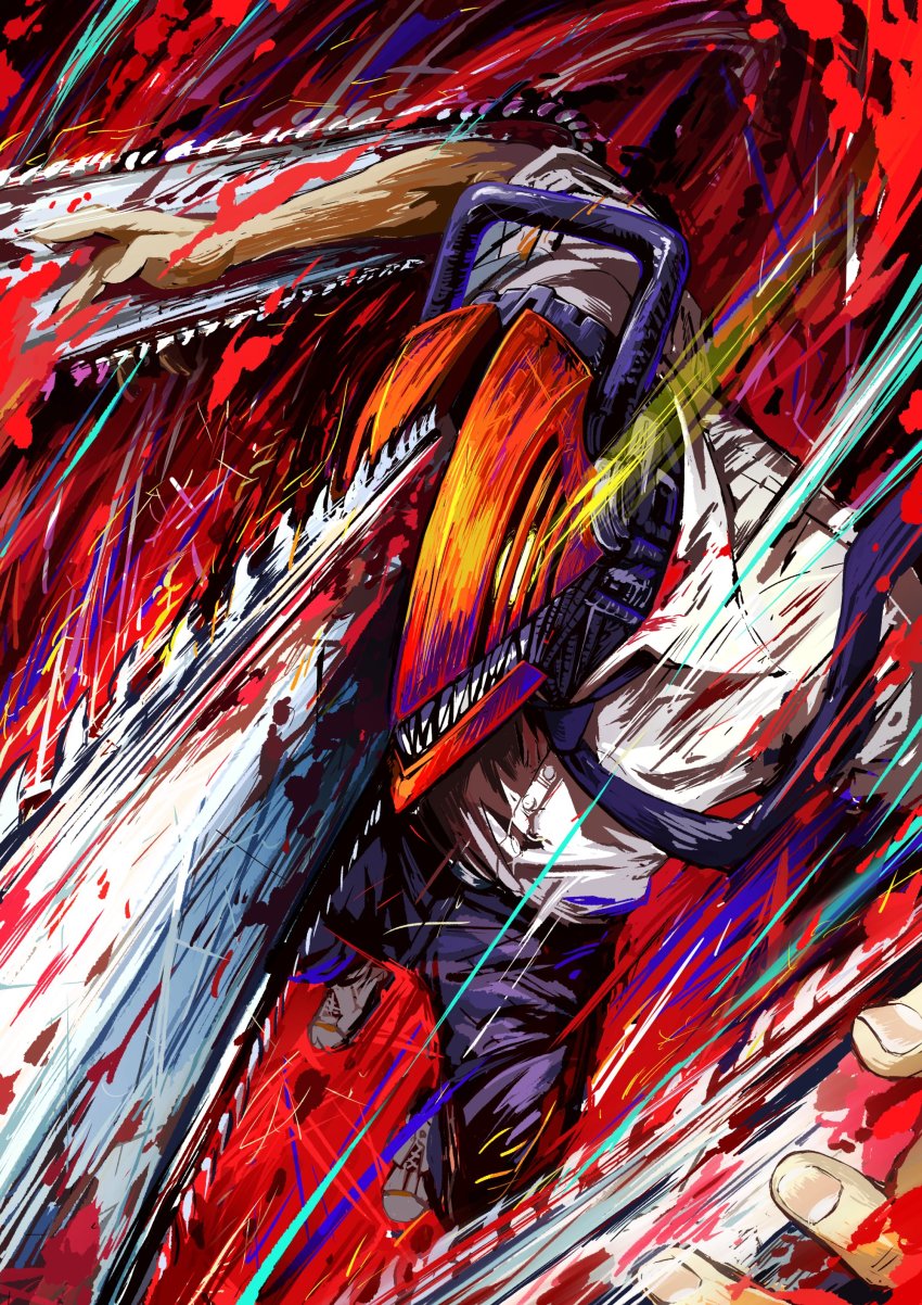 1boy absurdres black_necktie black_pants blood blood_spray bloody_weapon chainsaw chainsaw_man collared_shirt denji_(chainsaw_man) glowing glowing_eye gunjima_souichirou highres hybrid motion_lines multicolored multicolored_background necktie pants sharp_teeth shirt solo teeth weapon white_shirt