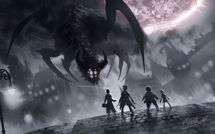 4boys artist_name bag city claws coat earl_d_wilson eldritch_abomination francois_guillaume_de_tesseraque frankatt german_commentary glowing glowing_eyes graf_mon greyscale gun highres holding holding_bag holding_gun holding_weapon horns house lamppost lord_henry_grey monochrome monster moon morriton_manor multiple_boys night outdoors standing weapon