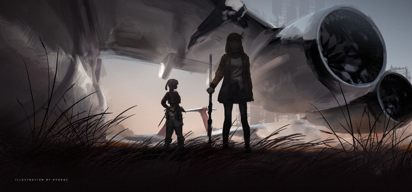 2girls aircraft airplane artist_name brown_jacket commentary cropped_jacket english_commentary faiz_azhar grass hands_on_own_hips highres jacket multiple_girls original outdoors ponytail shirt short_ponytail shorts silhouette skirt standing white_shirt white_shorts