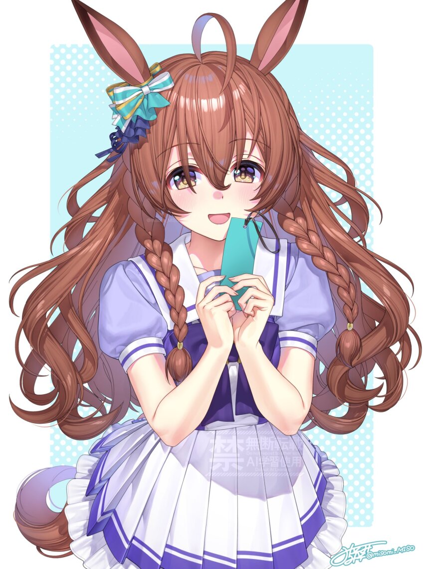 1girl ? ahoge blush braid breasts brown_eyes brown_hair collarbone commentary_request hair_between_eyes hair_ornament highres holding horse_girl long_hair looking_at_viewer medium_breasts mejiro_bright_(umamusume) misomi_miso ribbon school_uniform side_braids simple_background solo textless_version tracen_school_uniform umamusume