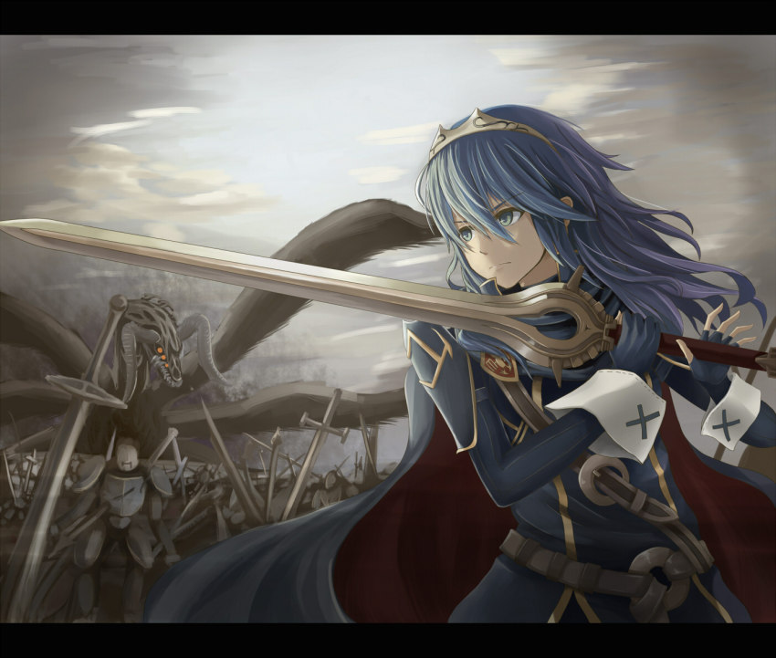 1girl armor army blue_eyes blue_hair cape dragon fiction_(forged) fingerless_gloves fire_emblem fire_emblem_awakening gloves grima_(fire_emblem) long_hair lucina_(fire_emblem) nintendo sword tiara weapon