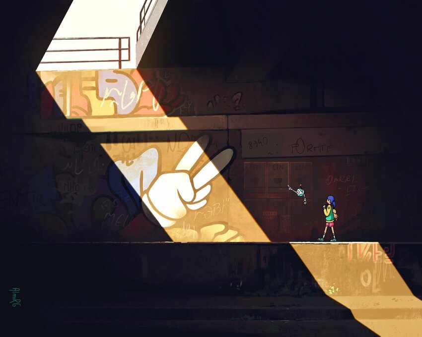 1girl almirgusic bag blue_hair city floating from_side graffiti long_sleeves outdoors point railing road robot shade shorts spray_paint street sunlight underpass urban v very_wide_shot walking