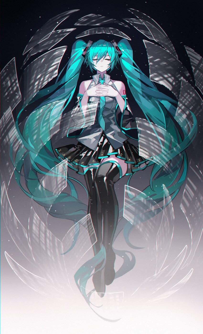 1girl absurdly_long_hair bare_shoulders black_boots black_skirt black_sleeves blue_hair blue_necktie boots closed_eyes collared_shirt detached_sleeves facing_viewer full_body grey_shirt hair_between_eyes hair_ornament hatsune_miku highres interlocked_fingers kazenemuri knee_up legs_together long_hair long_sleeves miniskirt necktie number_tattoo own_hands_together parted_lips pleated_skirt shirt sidelocks skirt sleeveless sleeveless_shirt solo space star_(sky) tattoo teeth thigh_boots thighhighs twintails very_long_hair vocaloid zettai_ryouiki