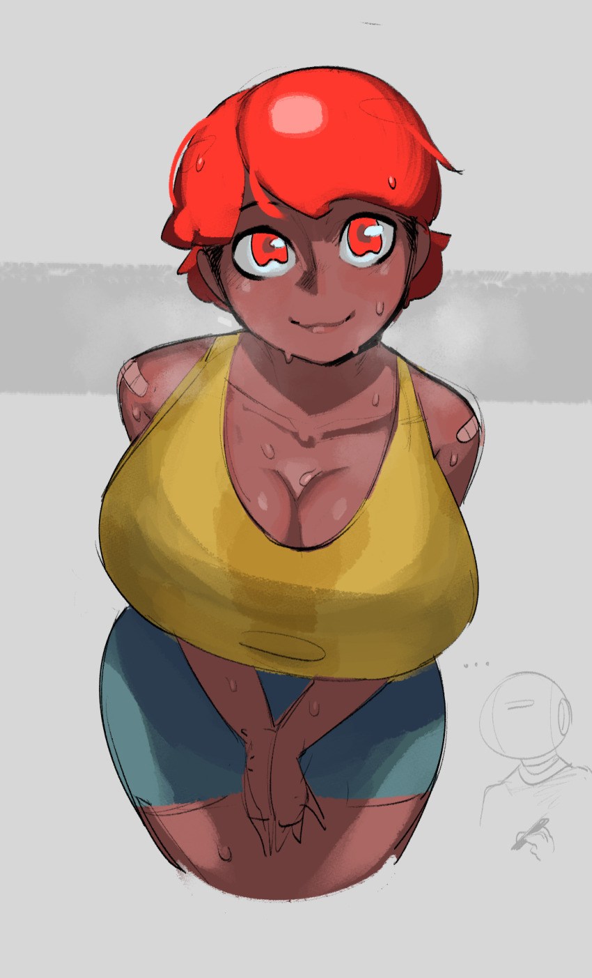 1girl among_us among_us_eyes_(meme) bandages breasts cleavage cropped_legs dark_skin highres krekkov large_breasts looking_at_viewer making-of_available medium_hair meme red_(among_us) red_hair short_hair skirt standing sweat tank_top