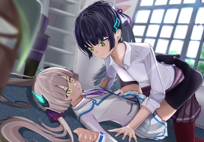 2girls black_hair blunt_bangs green_eyes heaven_burns_red highres horns indoors leg_lock lilyhoney long_hair lying multiple_girls natsume_inori neck_ribbon ogasawara_hisame pinned ponytail ribbon robe shirt skirt twintails white_hair white_shirt yellow_eyes yuri