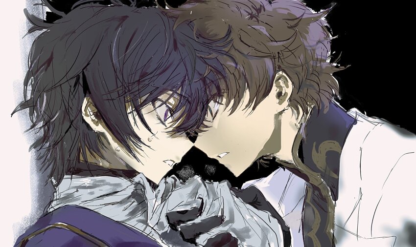 2boys 8de3wn black_gloves black_hair breath brown_hair clothes_grab code_geass eye_contact from_side gloves highres jacket kururugi_suzaku lelouch_vi_britannia looking_at_another male_focus messy_hair multiple_boys noses_touching profile simple_background sweat upper_body yaoi