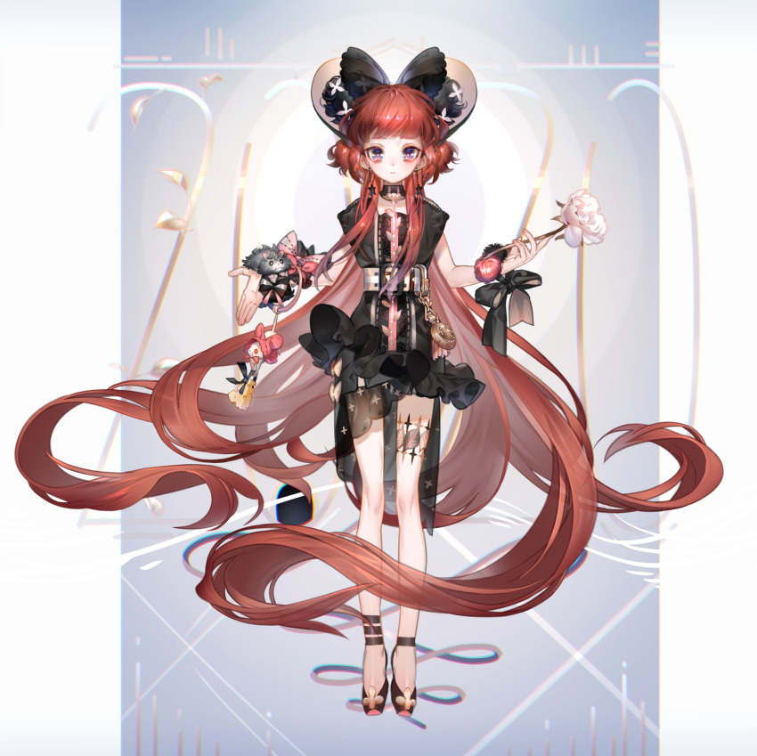 1girl absurdres belt black_bow black_choker black_dress black_eyes black_shoes bow choker closed_mouth commentary_request dress earrings flower frilled_dress frills full_body hair_bow highres holding holding_flower jewelry k_ototo long_hair looking_at_viewer mouse_(animal) original red_flower red_hair red_rose rose shoes sleeveless sleeveless_dress solo star_(symbol) star_earrings very_long_hair white_belt