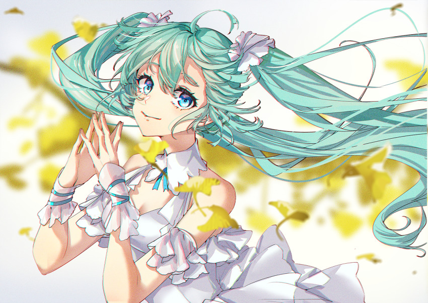 1girl absurdly_long_hair aqua_eyes aqua_hair artist_name artist_request blue_eyes blue_hair breasts cleavage dress female_focus haitang hatsune_miku long_hair own_hands_together parted_lips skirt small_breasts smile solo twintails very_long_hair vocaloid white_detached_collar white_dress white_skirt