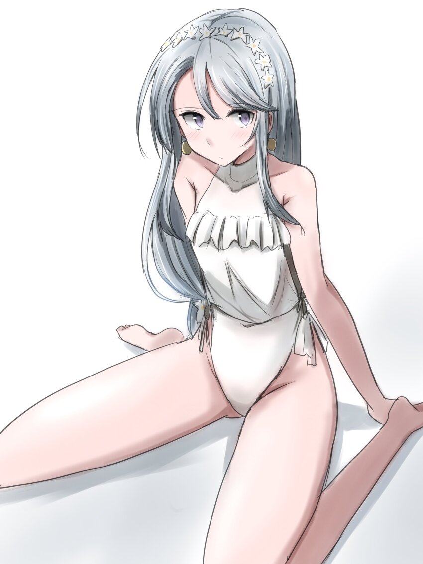1girl absurdres asymmetrical_bangs casual_one-piece_swimsuit flower frilled_shirt frills grey_hair hair_flower hair_ornament hairband highleg highleg_one-piece_swimsuit highres kamaboko_senshi kantai_collection long_hair official_alternate_costume one-piece_swimsuit purple_eyes sagiri_(kancolle) sagiri_(swimsuit)_(kancolle) shirt side-tie_shirt side-tie_swimsuit simple_background sitting solo swept_bangs swimsuit turtleneck wariza white_background white_one-piece_swimsuit white_shirt